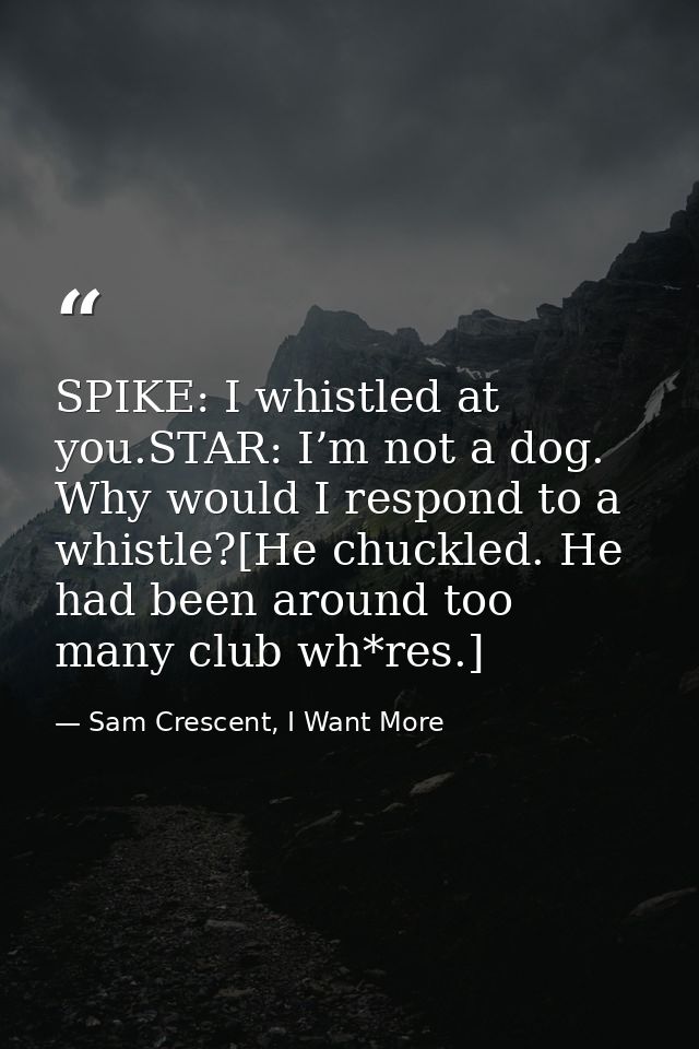 SPIKE: I whistled at you.STAR: I’m not a dog. Why would I respond to a whistle?[He chuckled. He had been around too many — Sam Crescent, I Want More