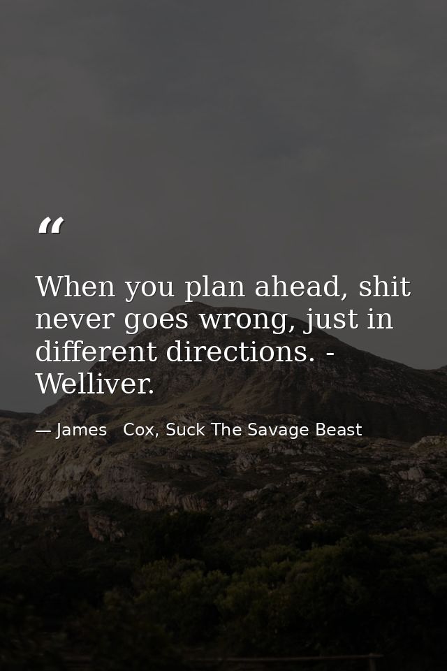When you plan ahead, shit never goes wrong, just in different directions. - Welliver. — James   Cox, Suck The Savage Beast