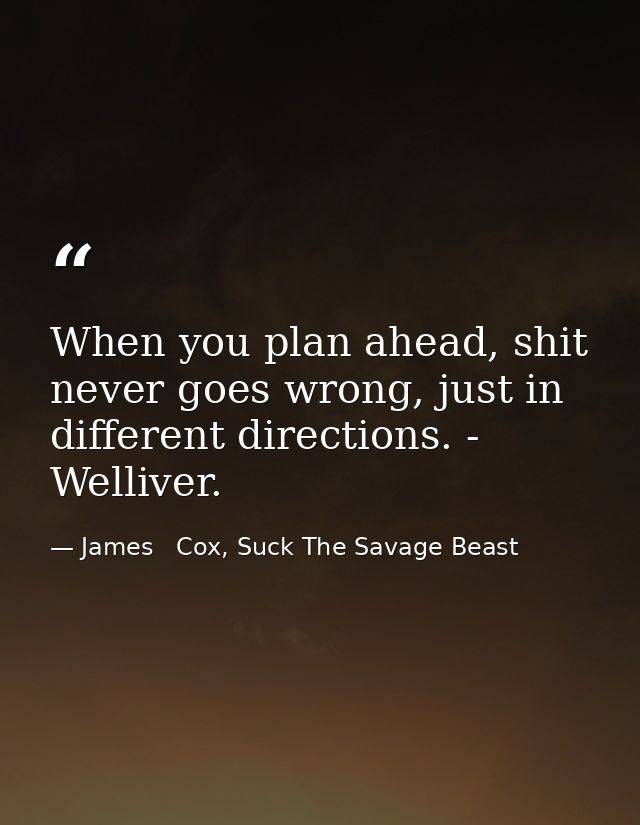 When you plan ahead, shit never goes wrong, just in different directions. - Welliver. — James   Cox, Suck The Savage Beast