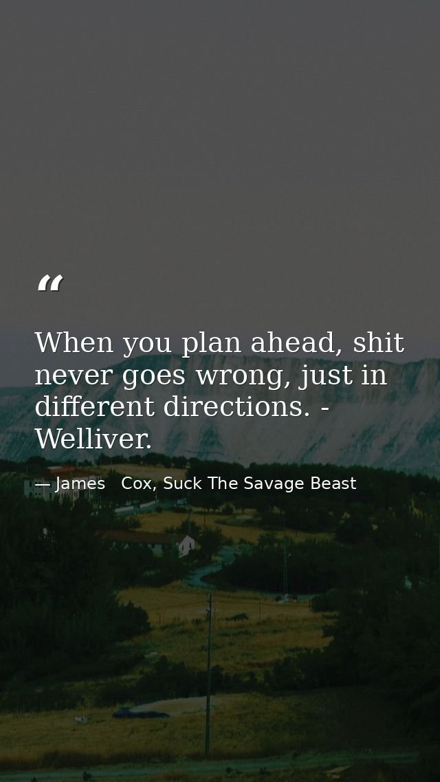When you plan ahead, shit never goes wrong, just in different directions. - Welliver. — James   Cox, Suck The Savage Beast