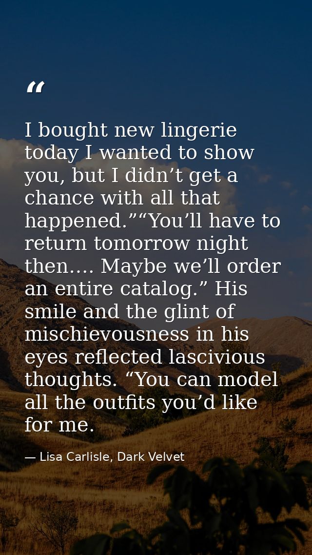 I bought new lingerie today I wanted to show you, but I didn’t get a chance with all that happened.”“You’ll have to retu — Lisa Carlisle, Dark Velvet