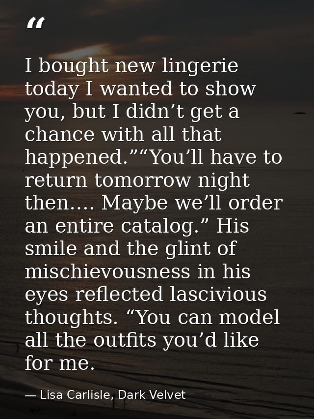 I bought new lingerie today I wanted to show you, but I didn’t get a chance with all that happened.”“You’ll have to retu — Lisa Carlisle, Dark Velvet