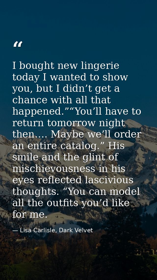 I bought new lingerie today I wanted to show you, but I didn’t get a chance with all that happened.”“You’ll have to retu — Lisa Carlisle, Dark Velvet