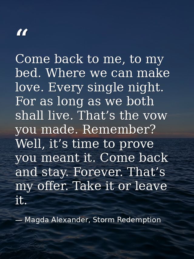 Come back to me, to my bed. Where we can make love. Every single night. For as long as we both shall live. That’s the vo — Magda Alexander, Storm Redemption