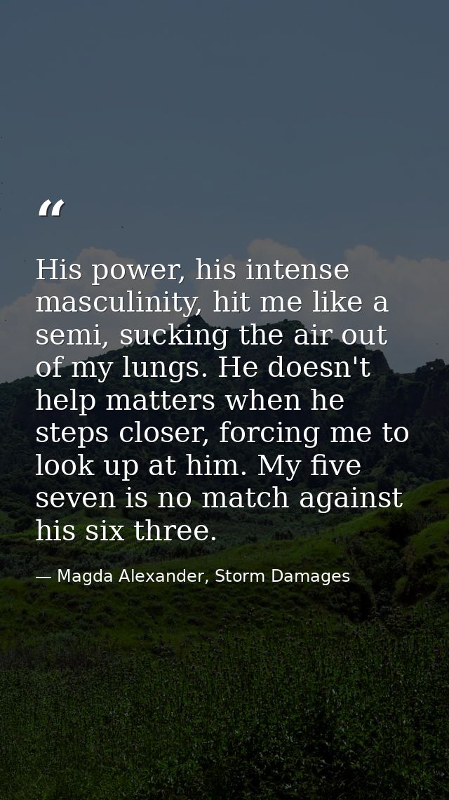 His power, his intense masculinity, hit me like a semi, sucking the air out of my lungs. He doesn't help matters when he — Magda Alexander, Storm Damages