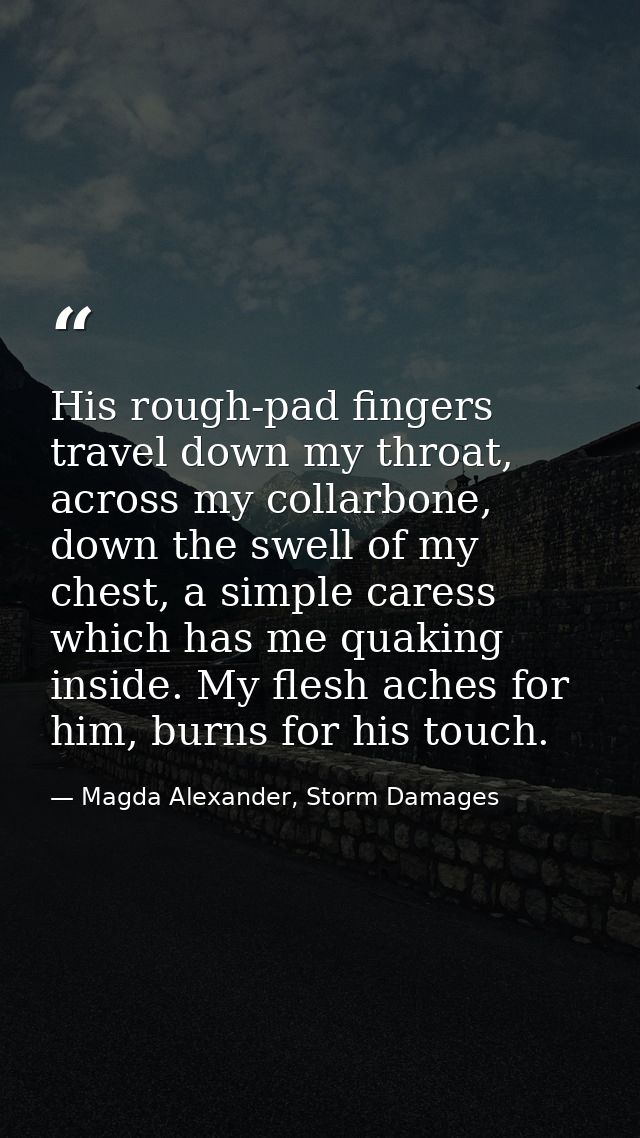 His rough-pad fingers travel down my throat, across my collarbone, down the swell of my chest, a simple caress which has — Magda Alexander, Storm Damages