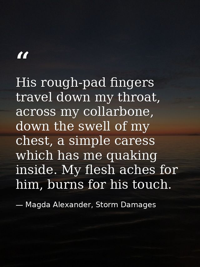 His rough-pad fingers travel down my throat, across my collarbone, down the swell of my chest, a simple caress which has — Magda Alexander, Storm Damages