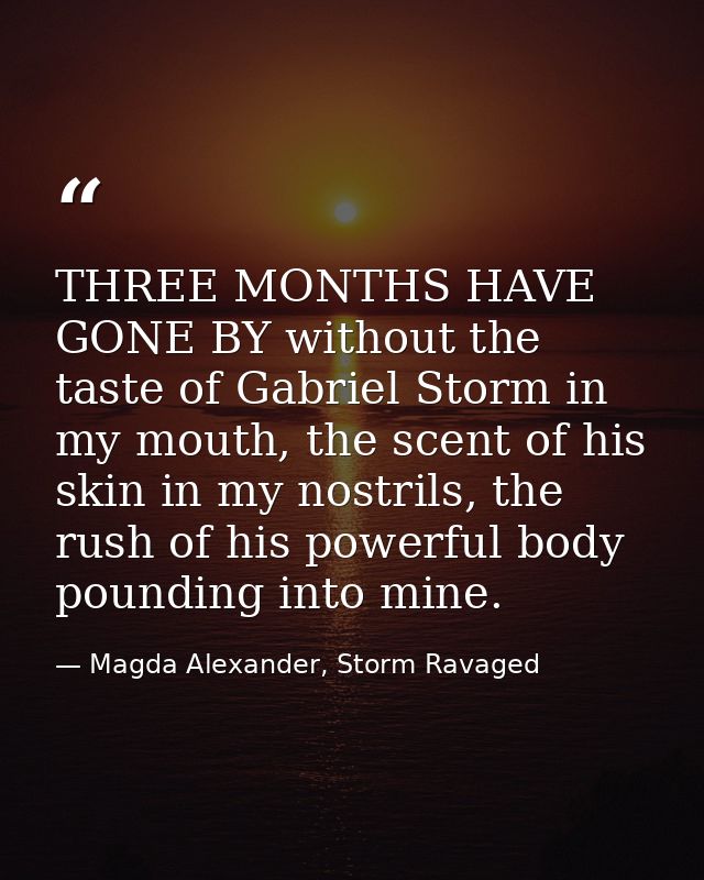 THREE MONTHS HAVE GONE BY without the taste of Gabriel Storm in my mouth, the scent of his skin in my nostrils, the rush — Magda Alexander, Storm Ravaged
