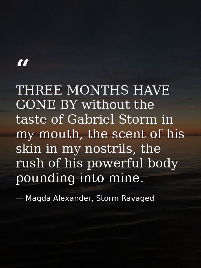 THREE MONTHS HAVE GONE BY without the taste of Gabriel Storm in my mouth, the scent of his skin in my nostrils, the rush — Magda Alexander, Storm Ravaged
