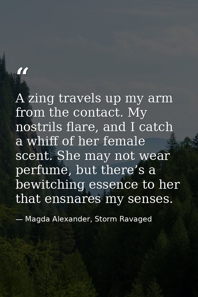 A zing travels up my arm from the contact. My nostrils flare, and I catch a whiff of her female scent. She may not wear  — Magda Alexander, Storm Ravaged