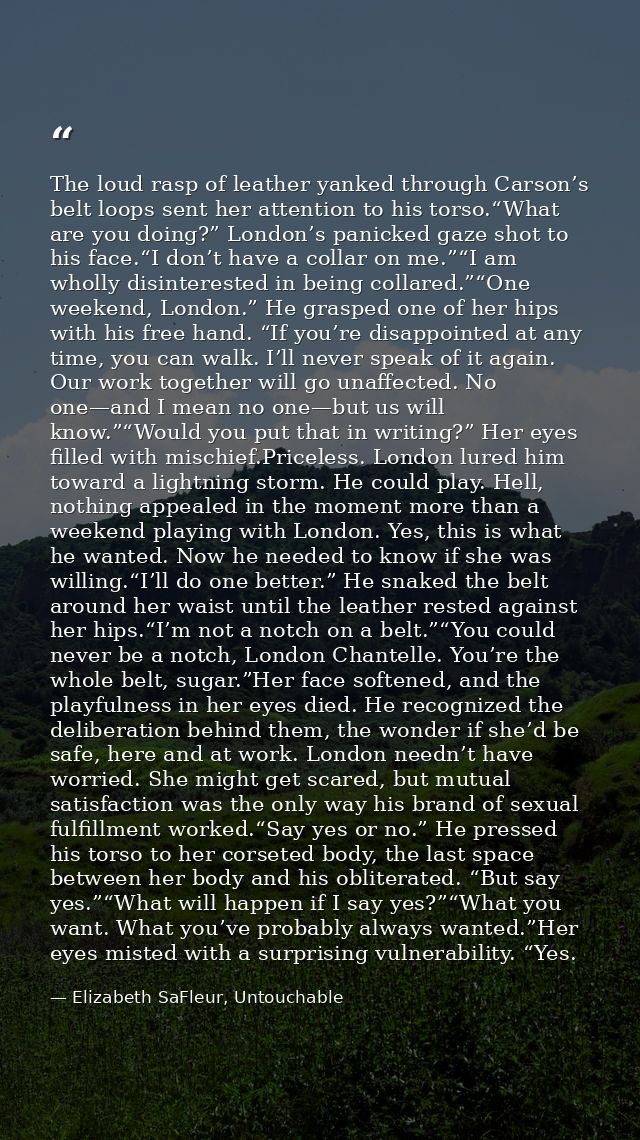 The loud rasp of leather yanked through Carson’s belt loops sent her attention to his torso.“What are you doing?” London — Elizabeth SaFleur, Untouchable