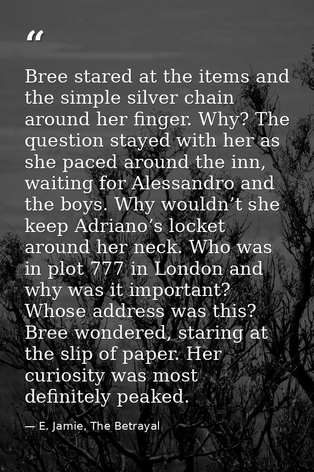 Bree stared at the items and the simple silver chain around her finger. Why? The question stayed with her as she paced a — E. Jamie, The Betrayal