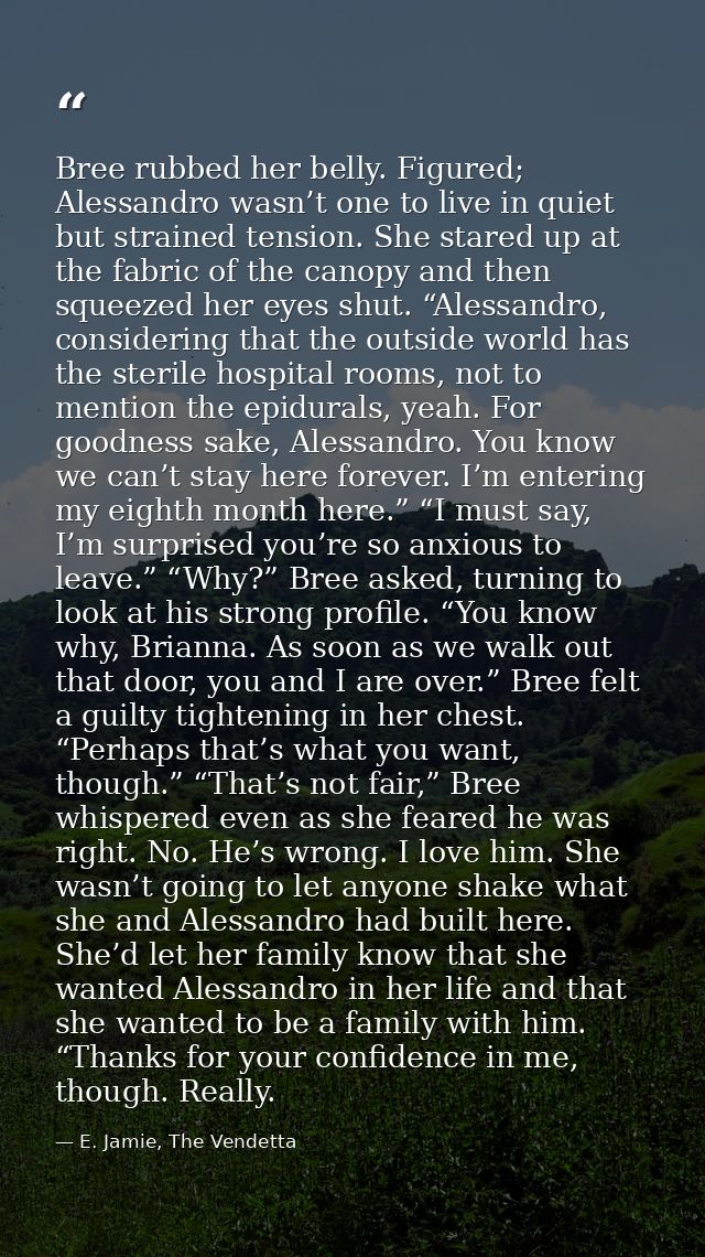 Bree rubbed her belly. Figured; Alessandro wasn’t one to live in quiet but strained tension. She stared up at the fabric — E. Jamie, The Vendetta