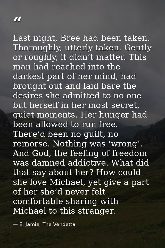 Last night, Bree had been taken. Thoroughly, utterly taken. Gently or roughly, it didn’t matter. This man had reached in — E. Jamie, The Vendetta