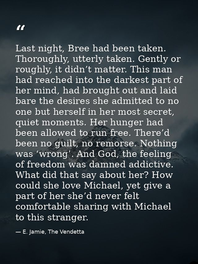 Last night, Bree had been taken. Thoroughly, utterly taken. Gently or roughly, it didn’t matter. This man had reached in — E. Jamie, The Vendetta