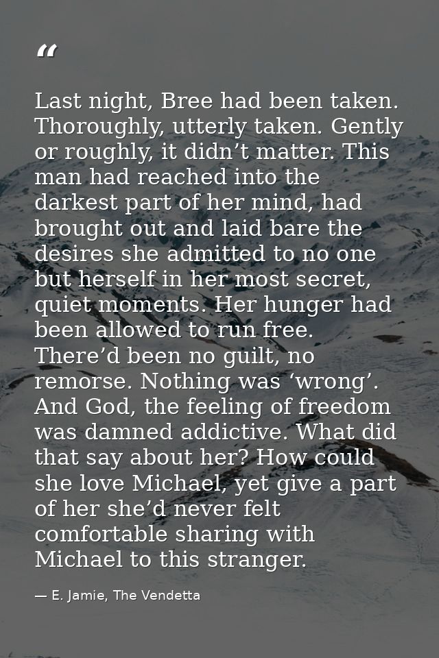 Last night, Bree had been taken. Thoroughly, utterly taken. Gently or roughly, it didn’t matter. This man had reached in — E. Jamie, The Vendetta
