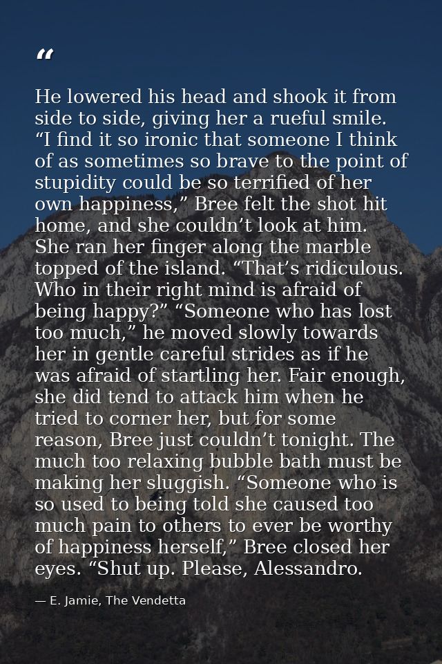 He lowered his head and shook it from side to side, giving her a rueful smile. “I find it so ironic that someone I think — E. Jamie, The Vendetta