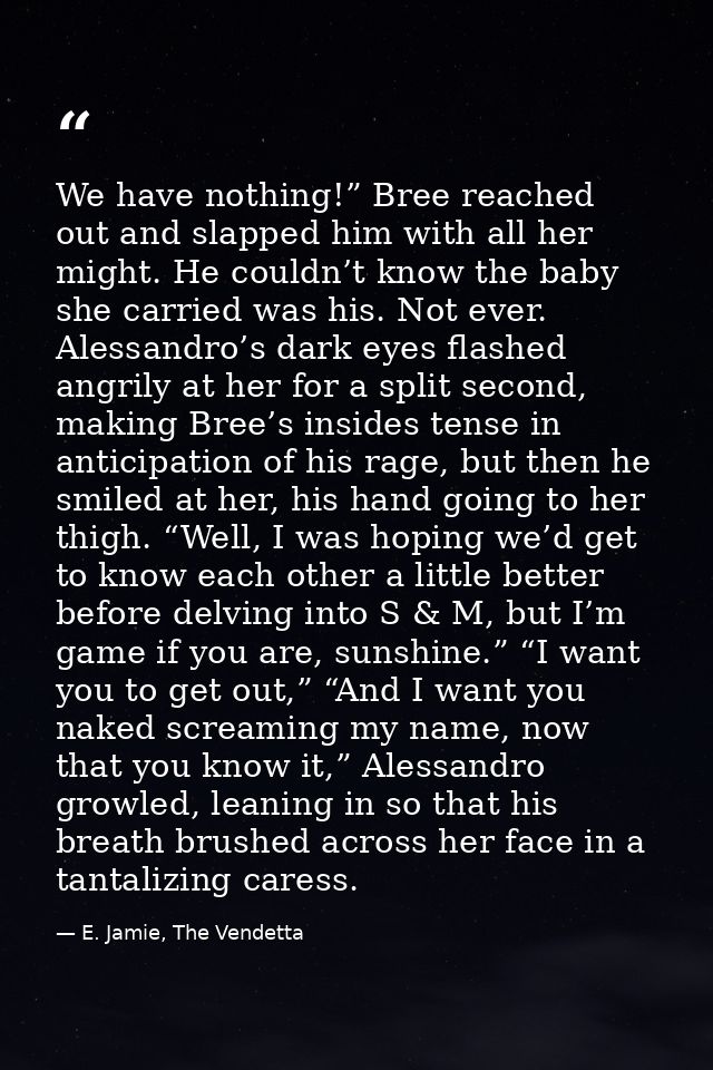 We have nothing!” Bree reached out and slapped him with all her might. He couldn’t know the baby she carried was his. No — E. Jamie, The Vendetta