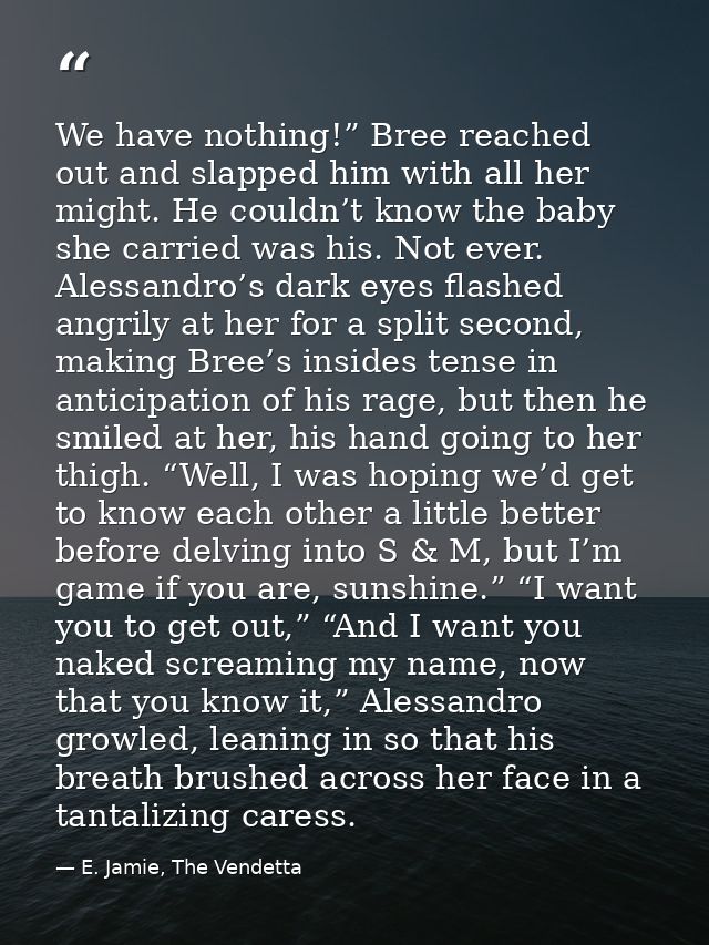 We have nothing!” Bree reached out and slapped him with all her might. He couldn’t know the baby she carried was his. No — E. Jamie, The Vendetta