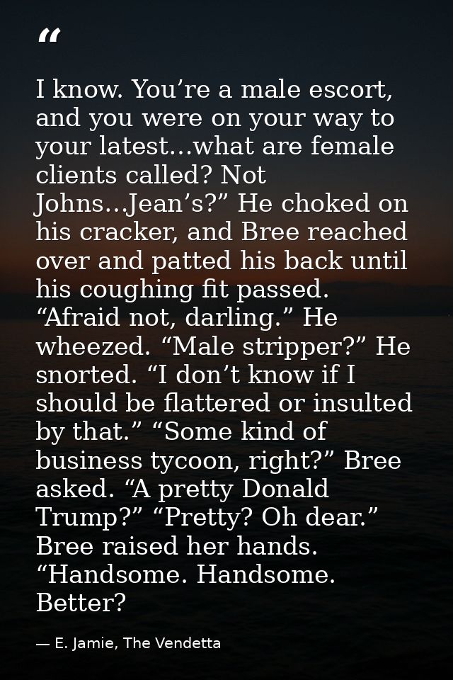 I know. You’re a male escort, and you were on your way to your latest…what are female clients called? Not Johns…Jean’s?” — E. Jamie, The Vendetta