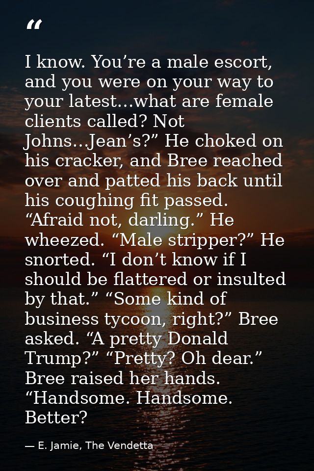 I know. You’re a male escort, and you were on your way to your latest…what are female clients called? Not Johns…Jean’s?” — E. Jamie, The Vendetta