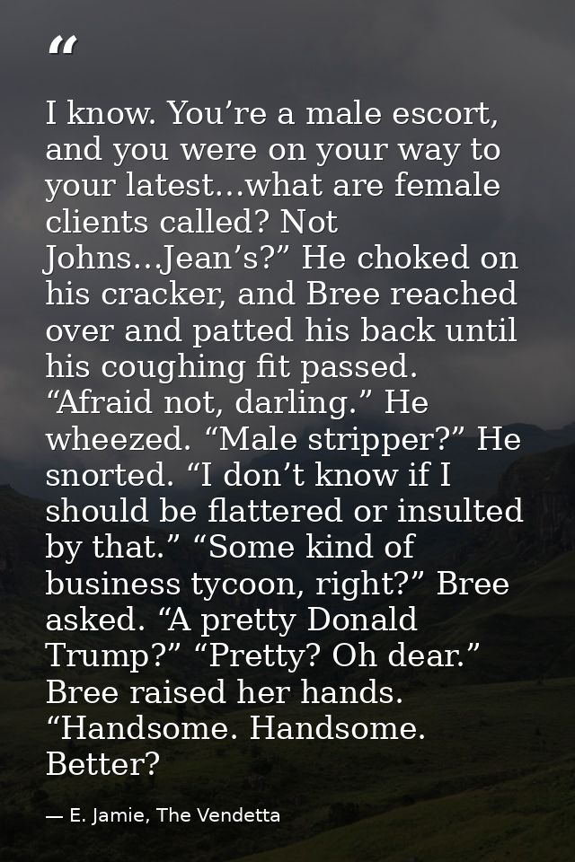I know. You’re a male escort, and you were on your way to your latest…what are female clients called? Not Johns…Jean’s?” — E. Jamie, The Vendetta