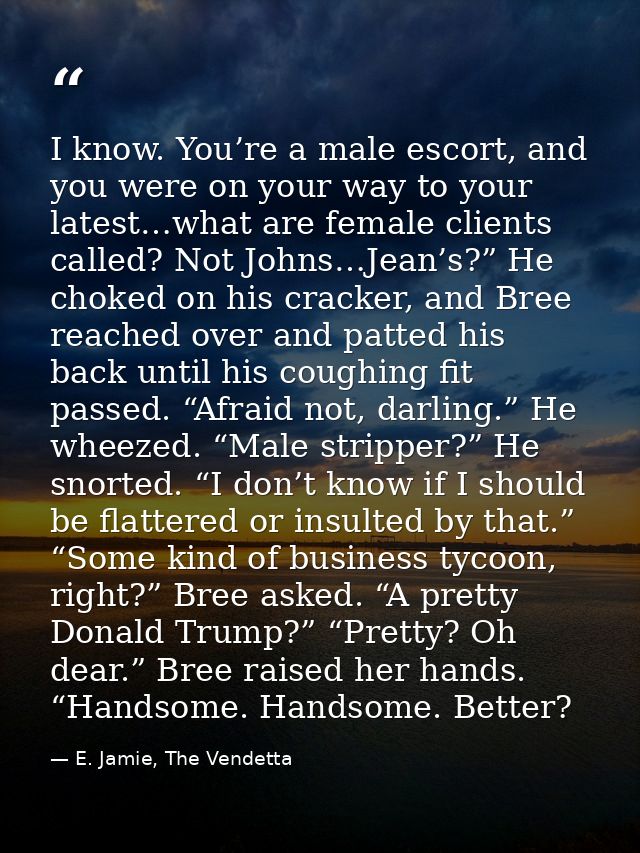 I know. You’re a male escort, and you were on your way to your latest…what are female clients called? Not Johns…Jean’s?” — E. Jamie, The Vendetta