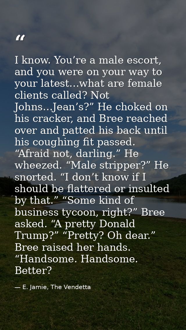 I know. You’re a male escort, and you were on your way to your latest…what are female clients called? Not Johns…Jean’s?” — E. Jamie, The Vendetta