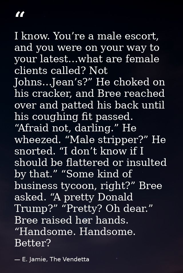 I know. You’re a male escort, and you were on your way to your latest…what are female clients called? Not Johns…Jean’s?” — E. Jamie, The Vendetta