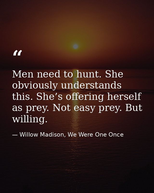 Men need to hunt. She obviously understands this. She’s offering herself as prey. Not easy prey. But willing. — Willow Madison, We Were One Once