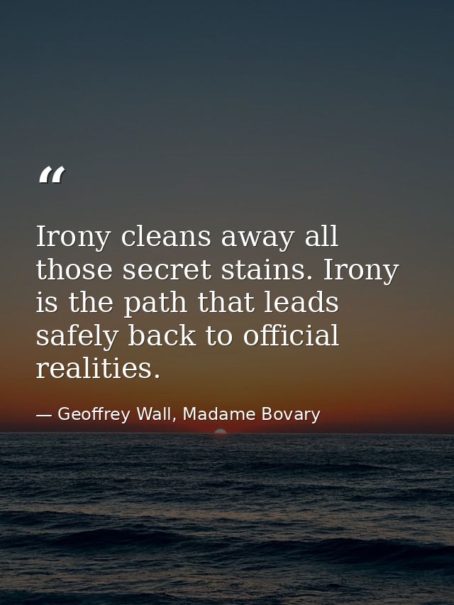 Irony cleans away all those secret stains. Irony is the path that leads safely back to official realities. — Geoffrey Wall, Madame Bovary