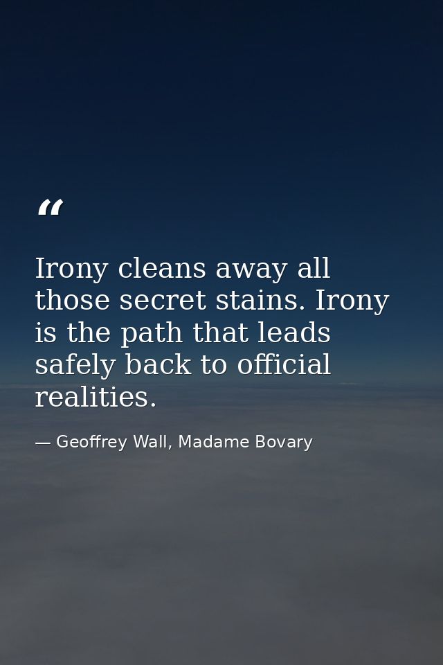 Irony cleans away all those secret stains. Irony is the path that leads safely back to official realities. — Geoffrey Wall, Madame Bovary