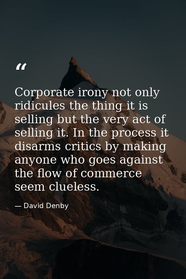 Corporate irony not only ridicules the thing it is selling but the very act of selling it. In the process it disarms cri — David Denby