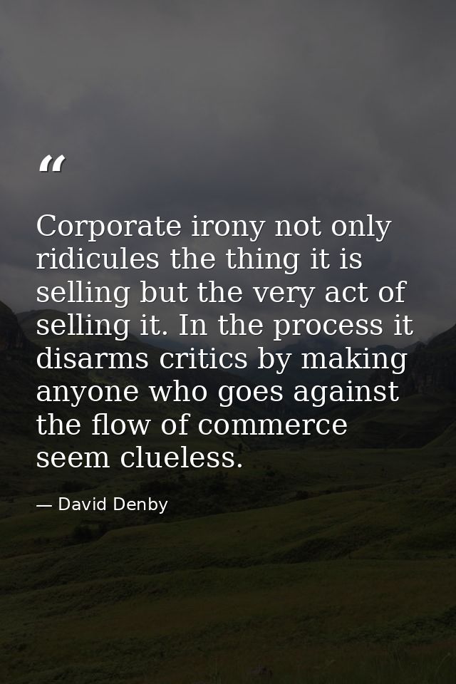 Corporate irony not only ridicules the thing it is selling but the very act of selling it. In the process it disarms cri — David Denby