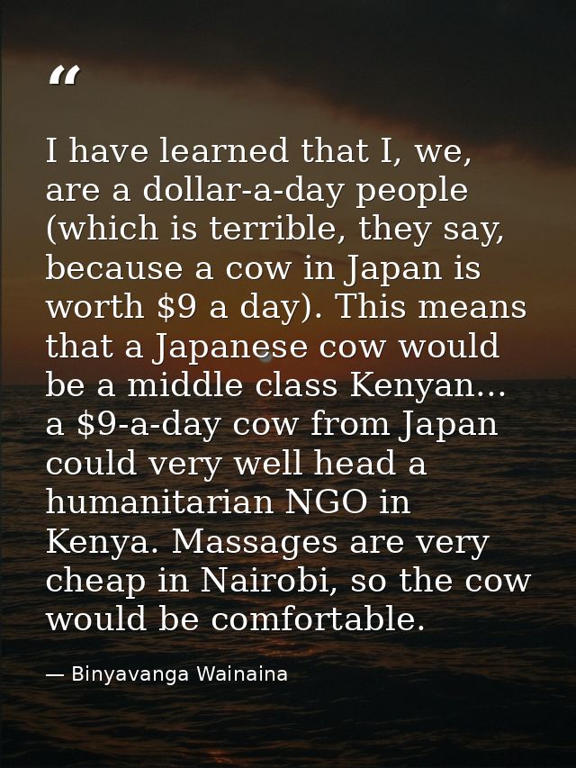 I have learned that I, we, are a dollar-a-day people (which is terrible, they say, because a cow in Japan is worth $9 a  — Binyavanga Wainaina