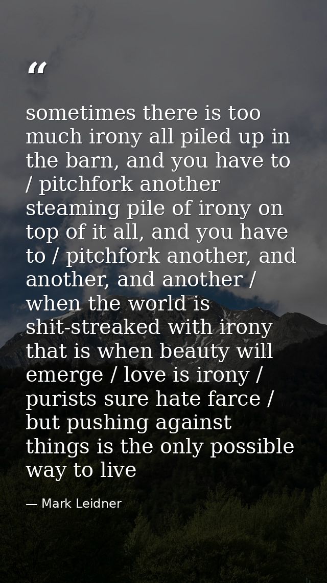 sometimes there is too much irony all piled up in the barn, and you have to / pitchfork another steaming pile of irony o — Mark Leidner