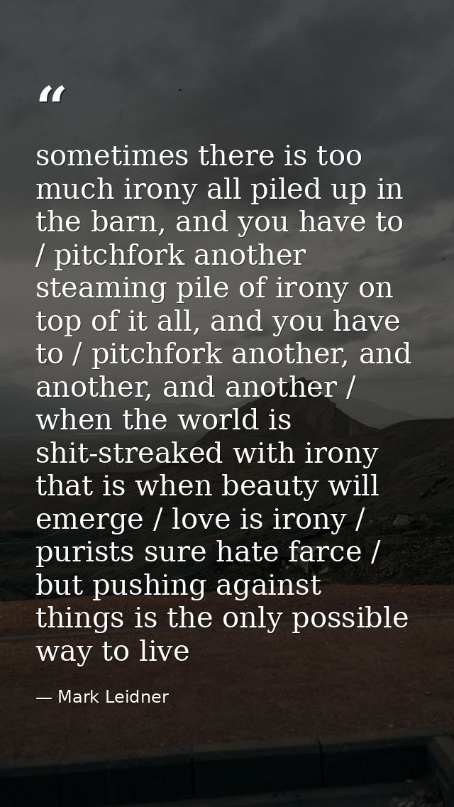 sometimes there is too much irony all piled up in the barn, and you have to / pitchfork another steaming pile of irony o — Mark Leidner