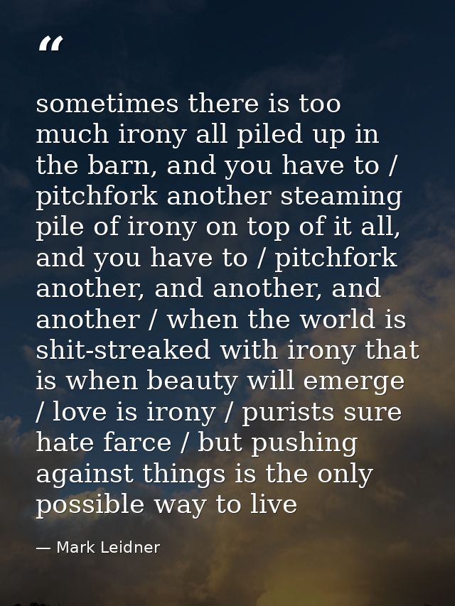 sometimes there is too much irony all piled up in the barn, and you have to / pitchfork another steaming pile of irony o — Mark Leidner