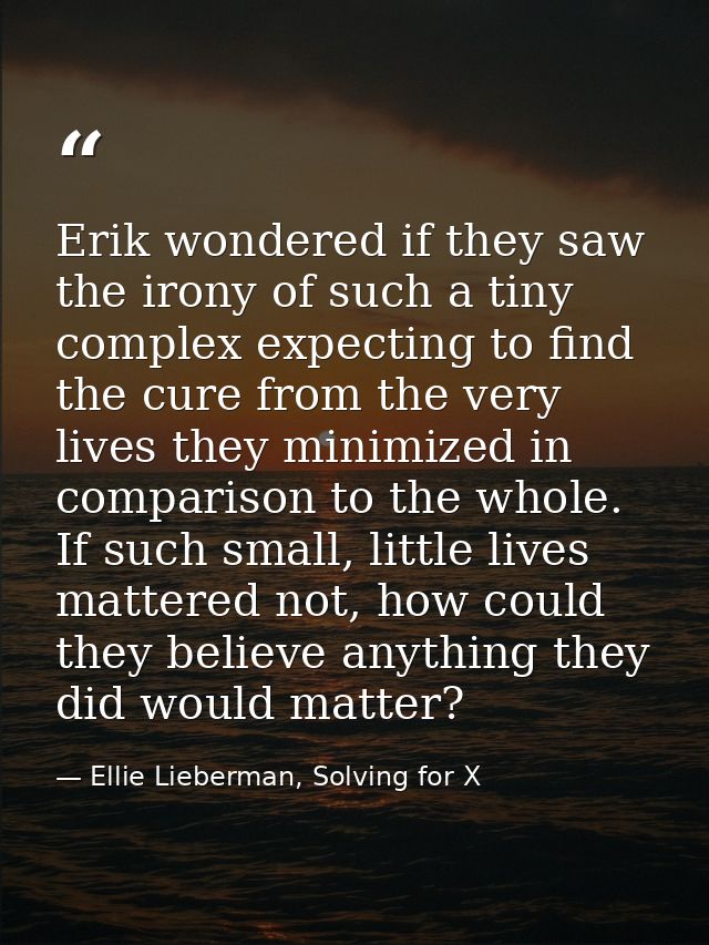 Erik wondered if they saw the irony of such a tiny complex expecting to find the cure from the very lives they minimized — Ellie Lieberman, Solving for X
