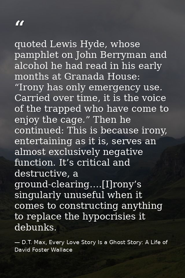 quoted Lewis Hyde, whose pamphlet on John Berryman and alcohol he had read in his early months at Granada House: “Irony  — D.T. Max, Every Love Story Is a Ghost Story: A Life of David Foster Wallace