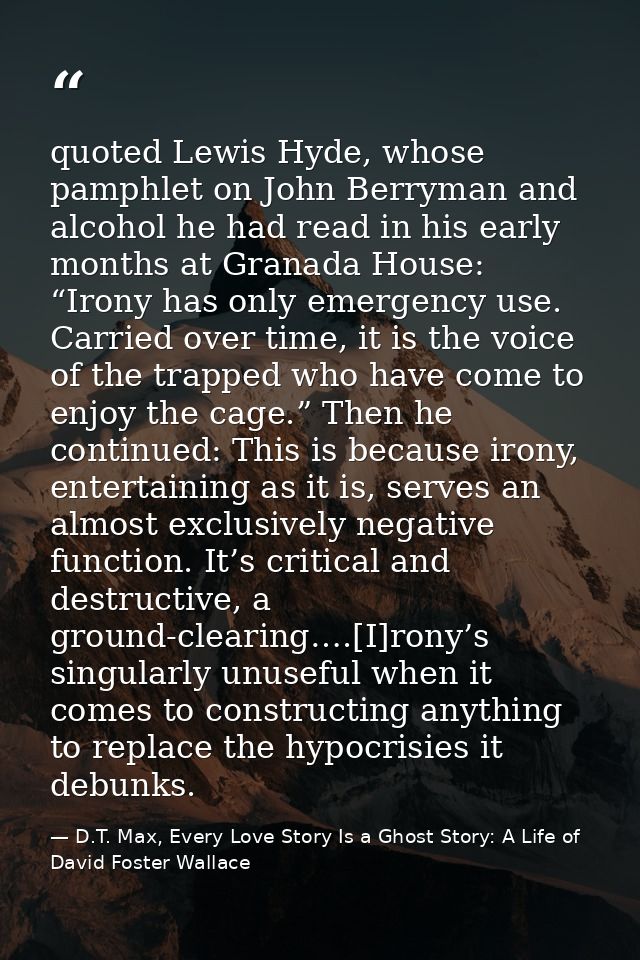 quoted Lewis Hyde, whose pamphlet on John Berryman and alcohol he had read in his early months at Granada House: “Irony  — D.T. Max, Every Love Story Is a Ghost Story: A Life of David Foster Wallace