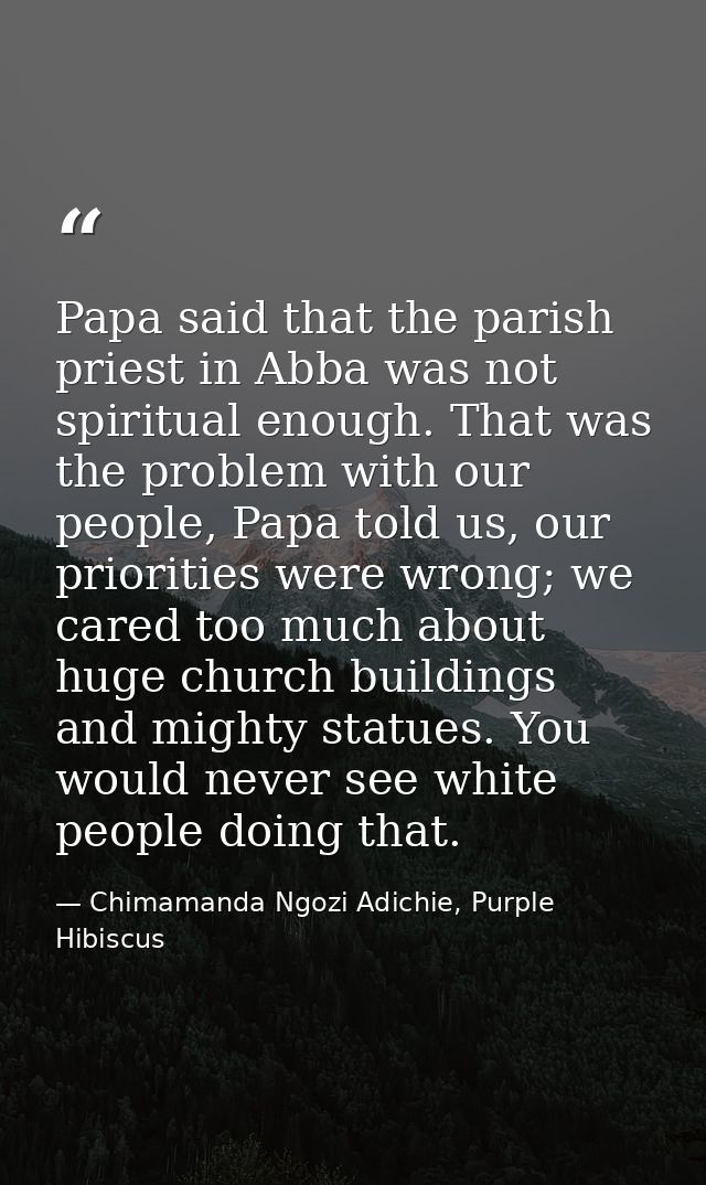Papa said that the parish priest in Abba was not spiritual enough. That was the problem with our people, Papa told us, o — Chimamanda Ngozi Adichie, Purple Hibiscus