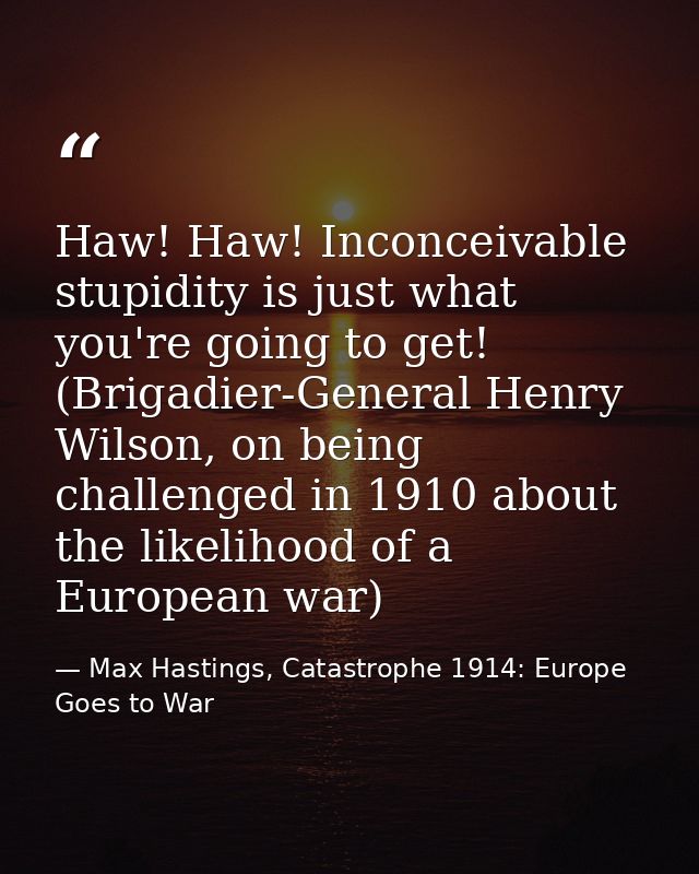 Haw! Haw! Inconceivable stupidity is just what you're going to get! (Brigadier-General Henry Wilson, on being challenged — Max Hastings, Catastrophe 1914: Europe Goes to War