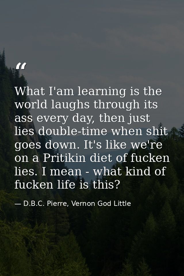 What I'am learning is the world laughs through its ass every day, then just lies double-time when shit goes down. It's l — D.B.C. Pierre, Vernon God Little