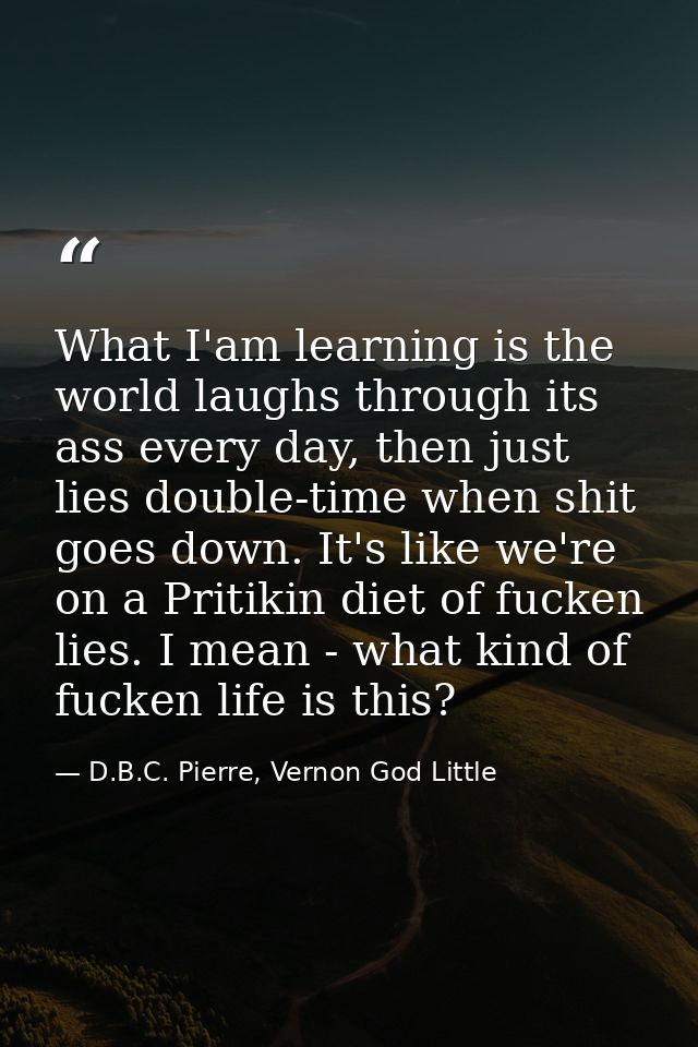 What I'am learning is the world laughs through its ass every day, then just lies double-time when shit goes down. It's l — D.B.C. Pierre, Vernon God Little