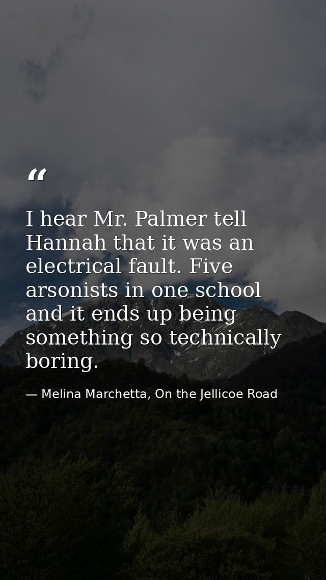 I hear Mr. Palmer tell Hannah that it was an electrical fault. Five arsonists in one school and it ends up being somethi — Melina Marchetta, On the Jellicoe Road