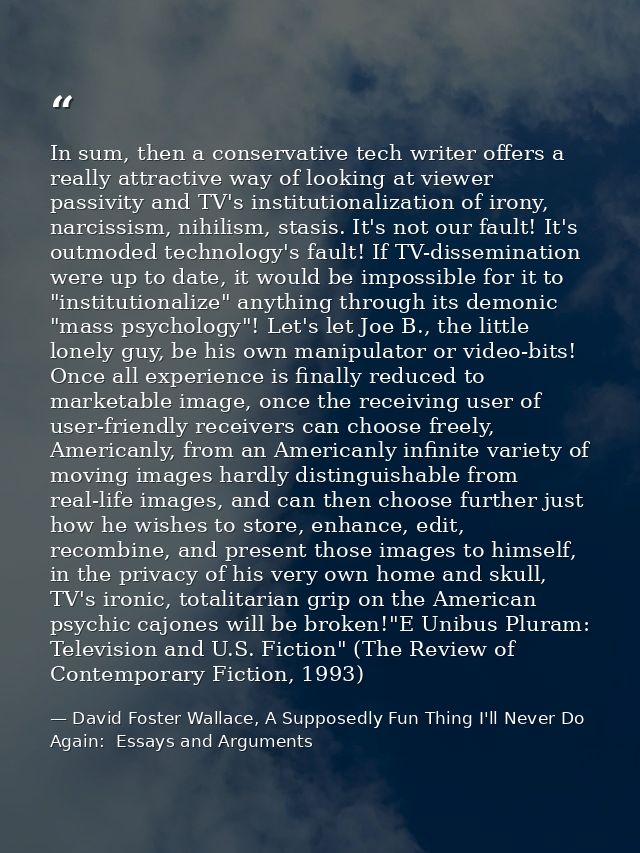 In sum, then a conservative tech writer offers a really attractive way of looking at viewer passivity and TV's instituti — David Foster Wallace, A Supposedly Fun Thing I'll Never Do Again:  Essays and Arguments