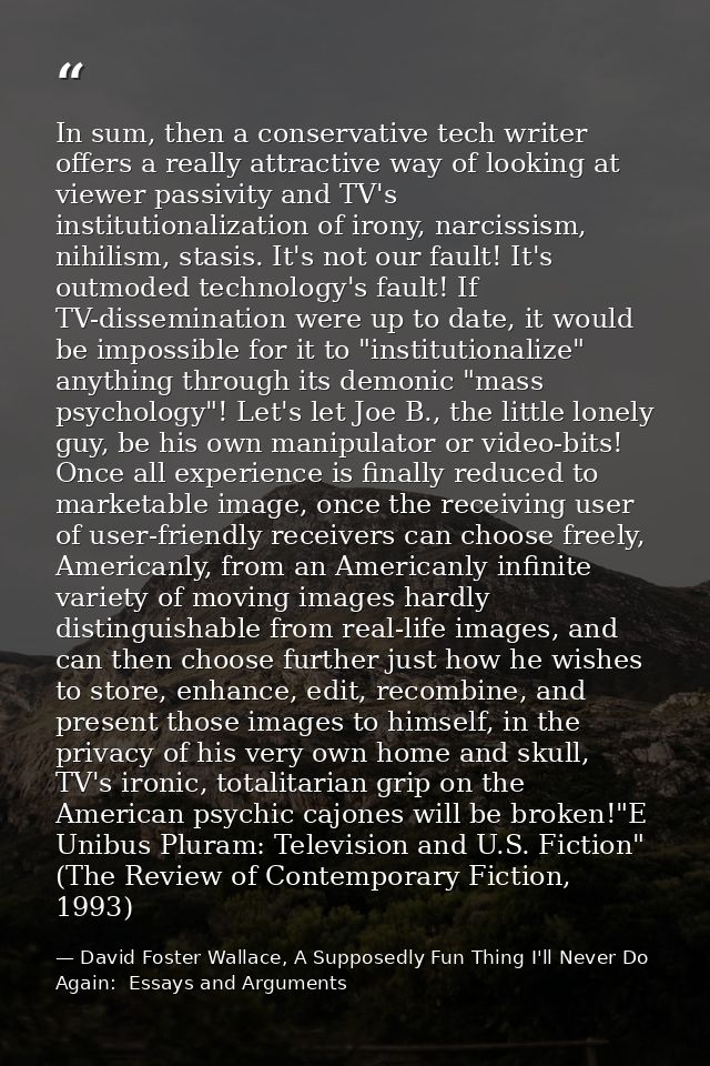 In sum, then a conservative tech writer offers a really attractive way of looking at viewer passivity and TV's instituti — David Foster Wallace, A Supposedly Fun Thing I'll Never Do Again:  Essays and Arguments