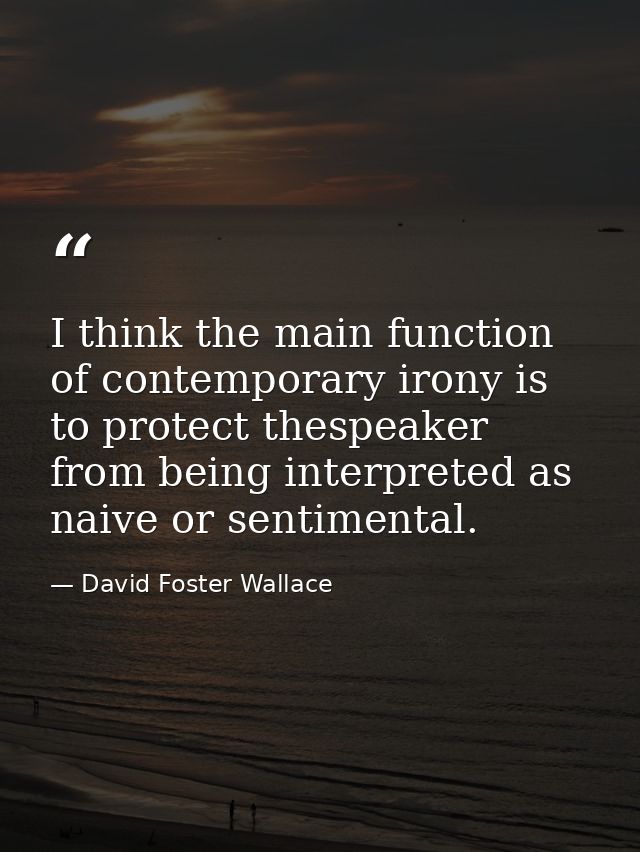 I think the main function of contemporary irony is to protect thespeaker from being interpreted as naive or sentimental. — David Foster Wallace