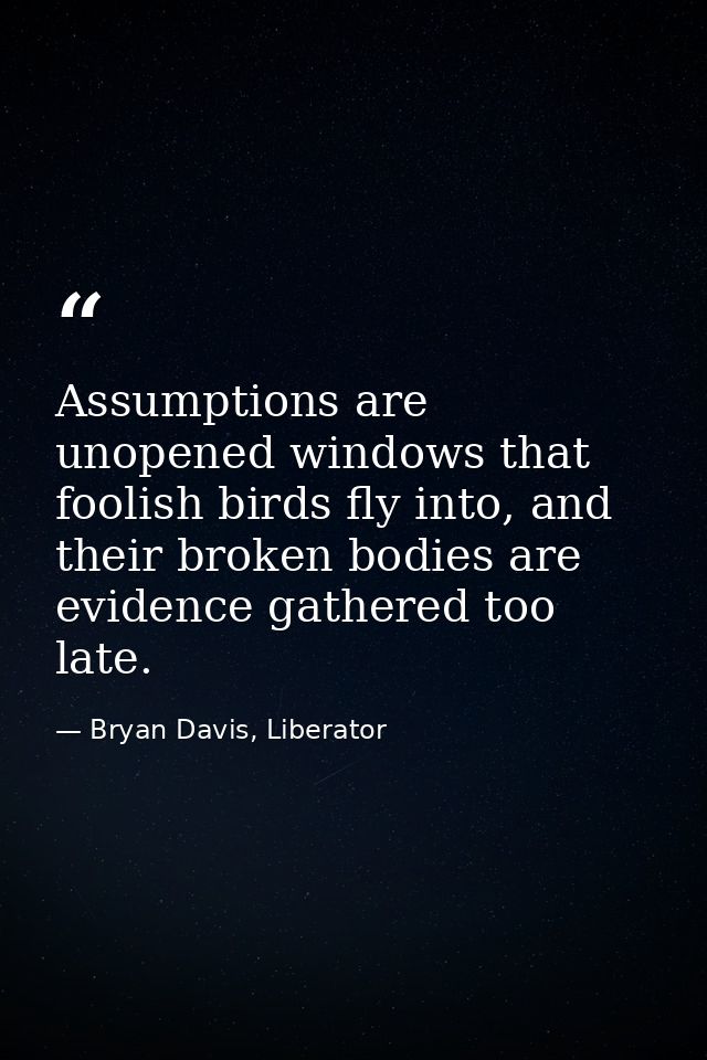 Assumptions are unopened windows that foolish birds fly into, and their broken bodies are evidence gathered too late. — Bryan Davis, Liberator